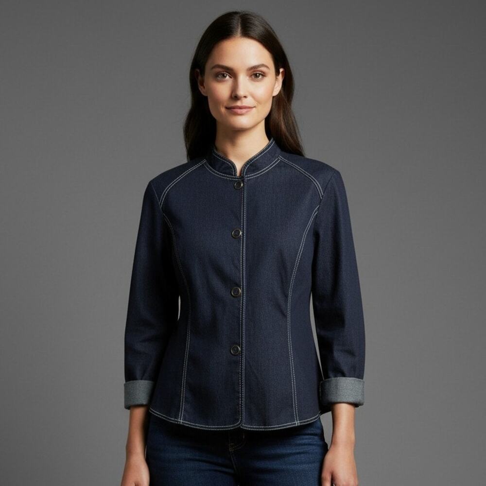 RQT Womens Blue Denim Textured Jean Jacket Asymmetrical Snaps Size 14